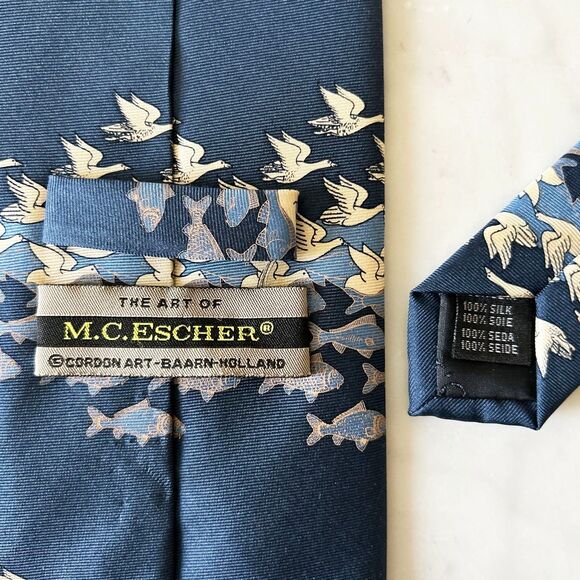 MC Escher Sky and Water Design Men's Silk Neck Tie Blue Cream Flying Fish Birds - Picture 4 of 4